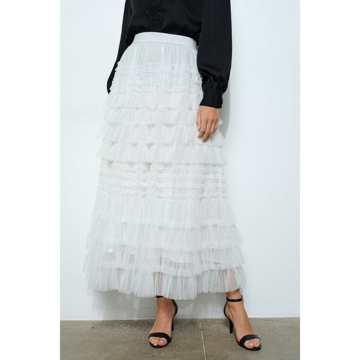 High-Waisted Tiered Ruffled Tulle Maxi Skirt