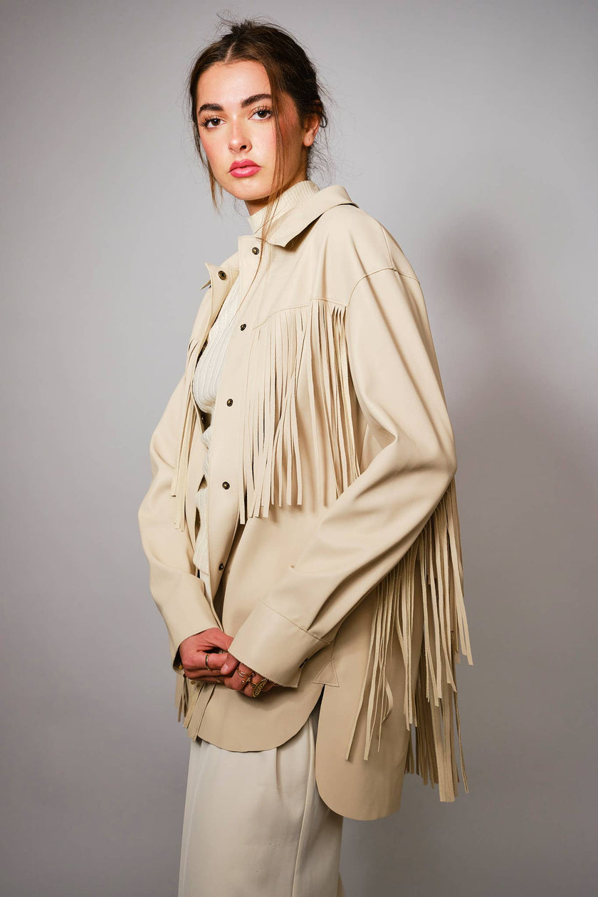 Fringe Trim Faux Leather Snap Jacket