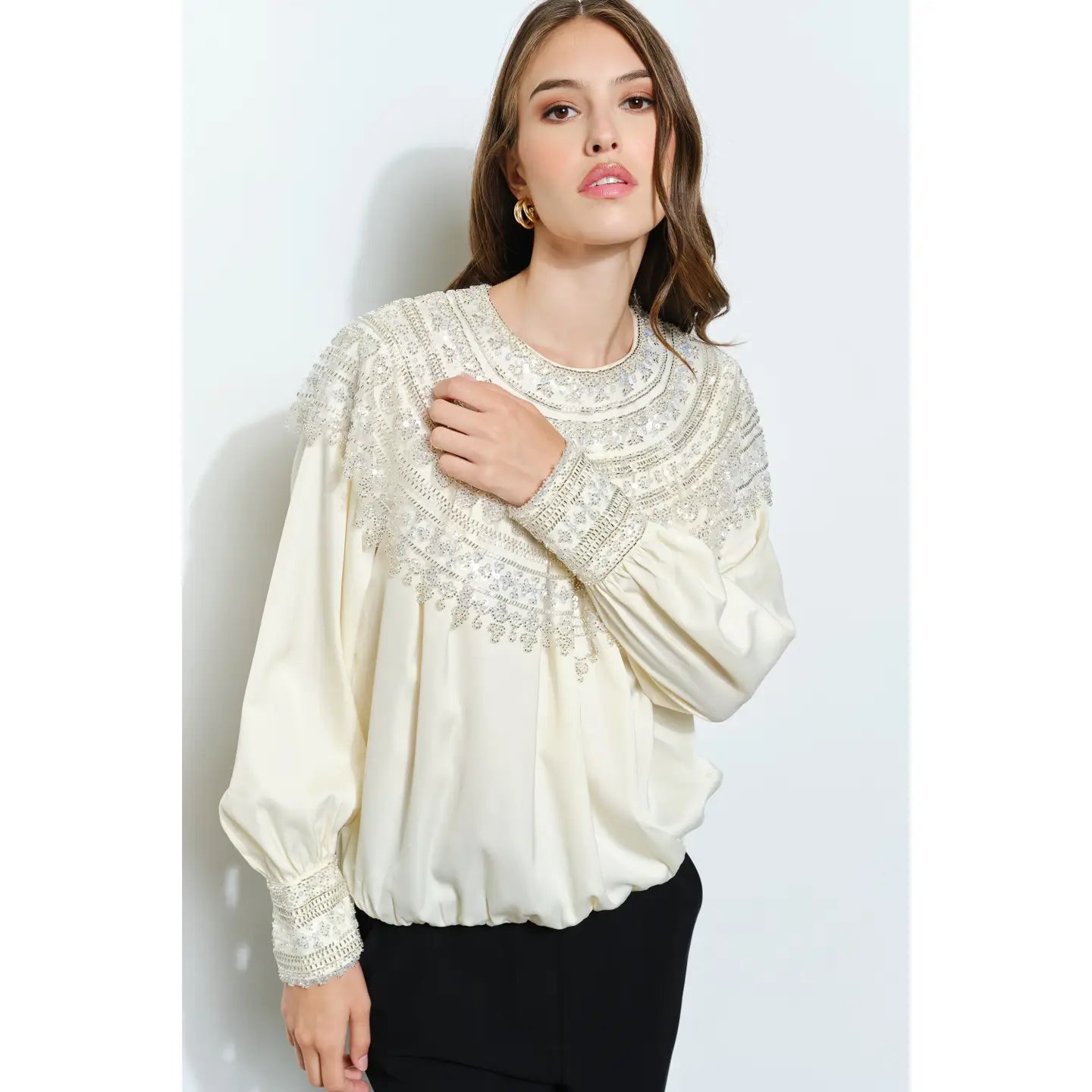 Beaded Sequin Embroidered Yoke Satin Top