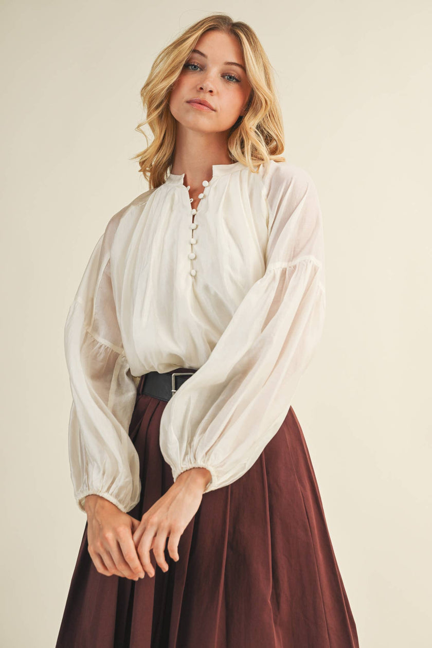 Balloon Sleeve Button Front Blouse