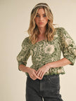 Scallop Lace Trip Peplum Hem Top | Ash Olive