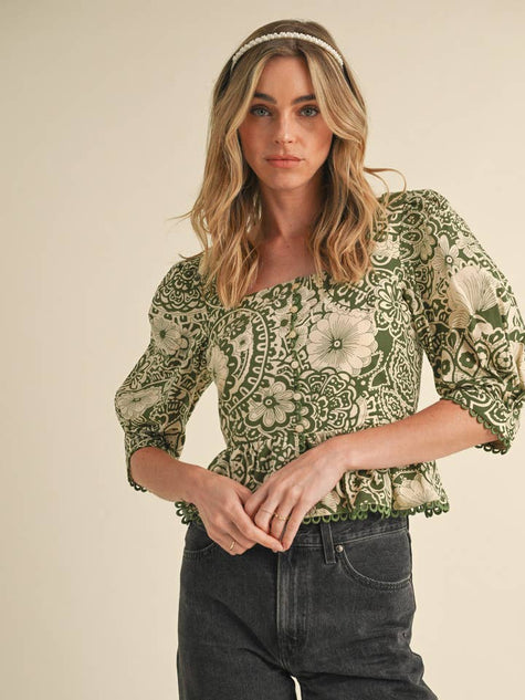 Scallop Lace Trip Peplum Hem Top | Ash Olive