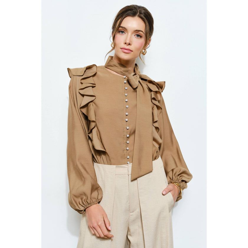 Soft Wool Blouse with Bow Tie & Pearl Buttons