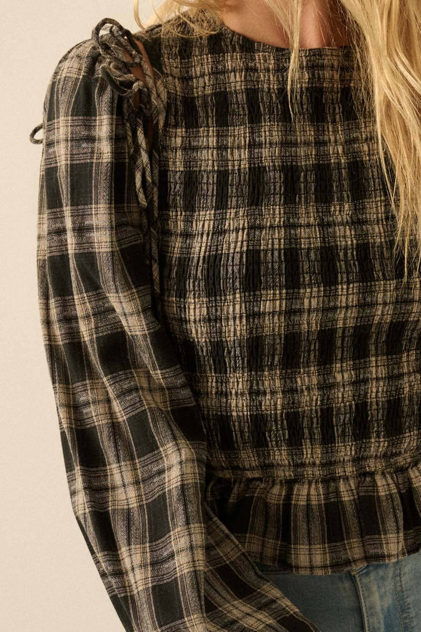 Plaid Flannel Smocked Balloon-Sleeve Cropped Top