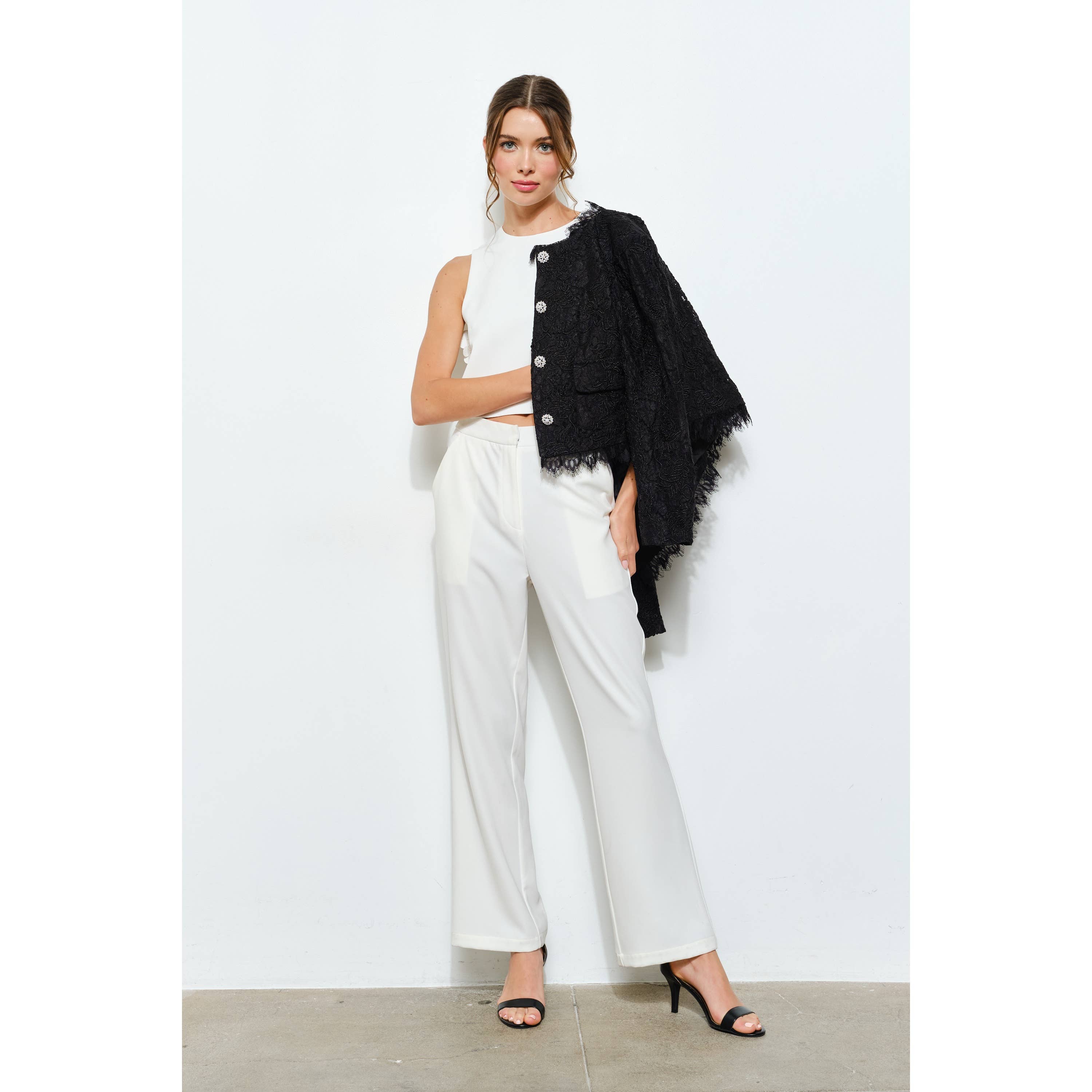 Lace Fringe Trim Pearl Button Cropped Jacket