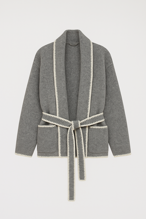 Flat White WhipStitch Cardigan with Belt in Heather Grey