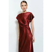 Burgundy Satin Side‑Knot Draped Midi Dress
