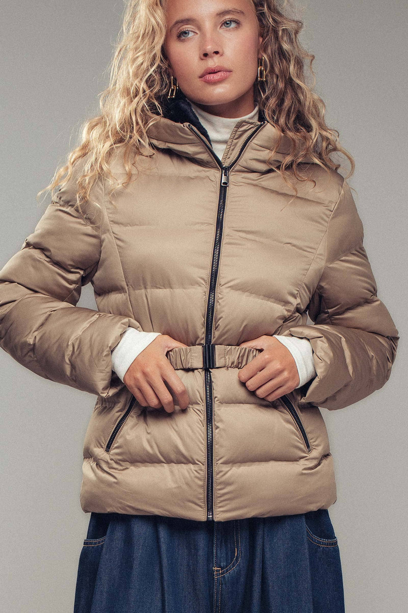 Belted Faux Fur Hooded Puffer Jacket