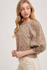 Lace Cutout Bottom Hem Bubble Sleeve Top