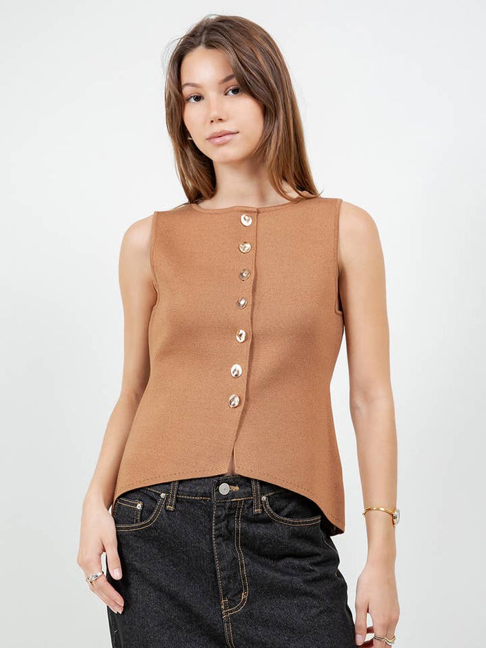Fitted Knitdown Top with Accent Buttons | Camel
