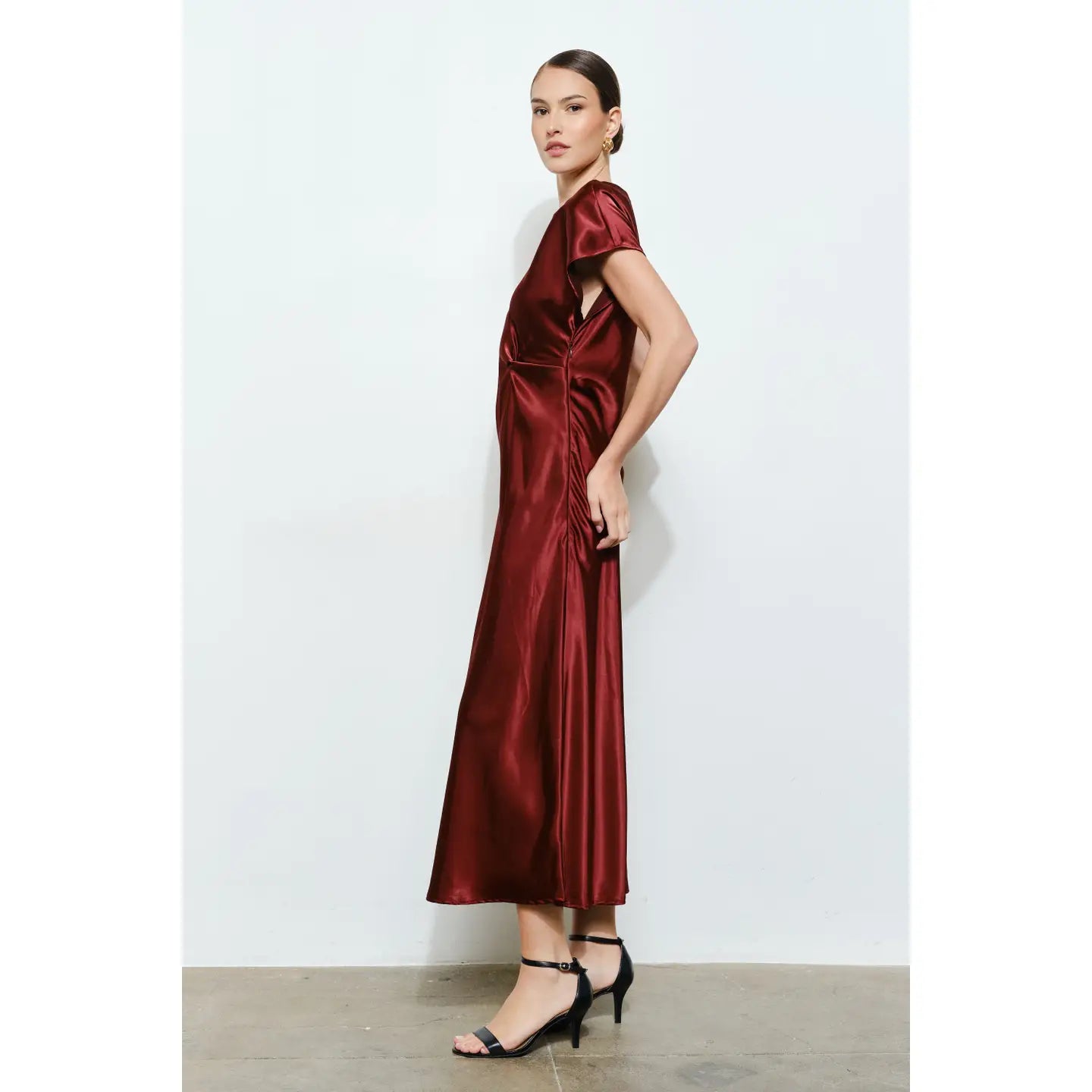 Burgundy Satin Side‑Knot Draped Midi Dress