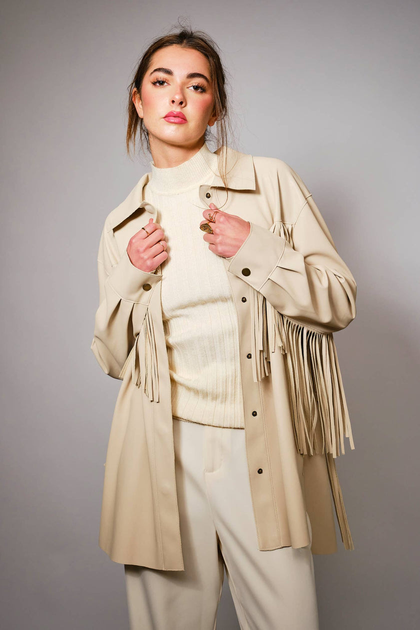 Fringe Trim Faux Leather Snap Jacket