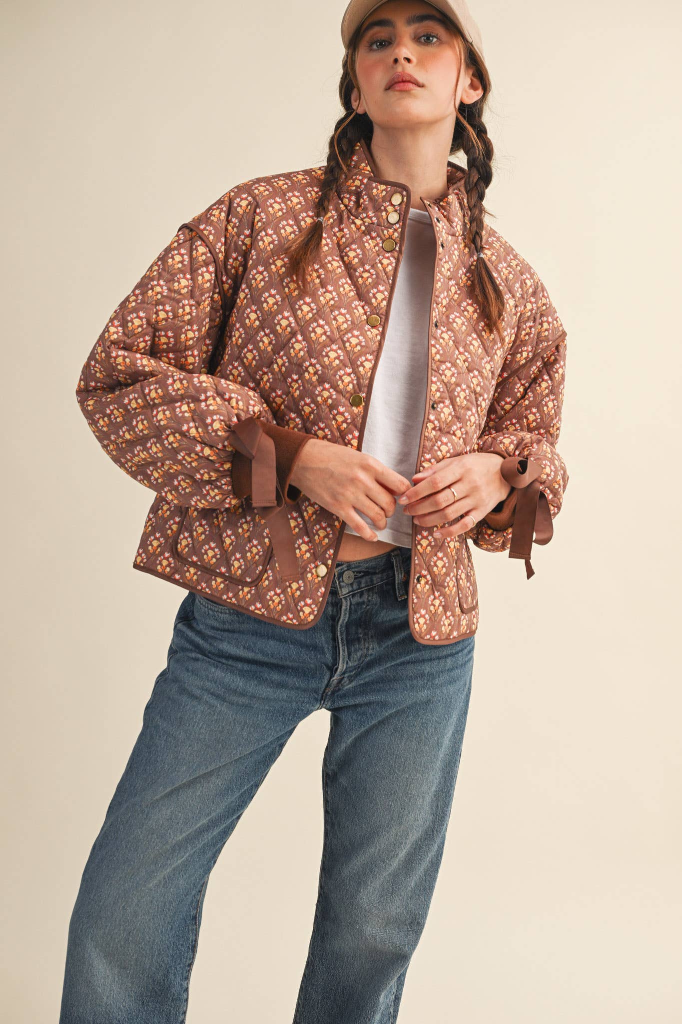 Floral Quilted Jacket Ribbon Sleeve