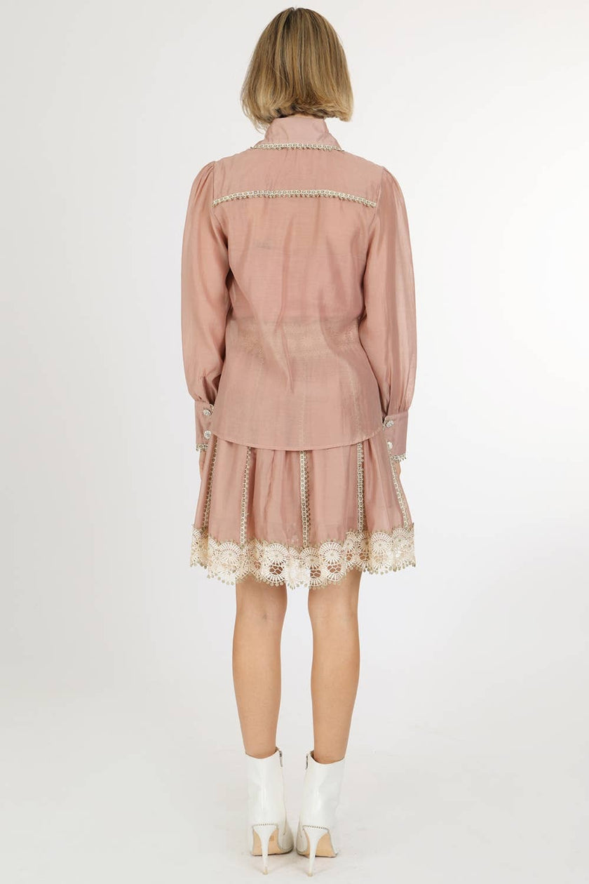 Lace Trim Detail Chiffon Shirt & Mini Skirt Set