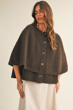 Button Closure Cape Cardigan | Espresso