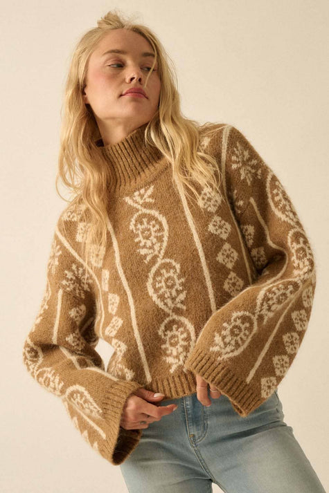 Abstract Floral Jacquard Fuzzy Mock-Neck Sweater