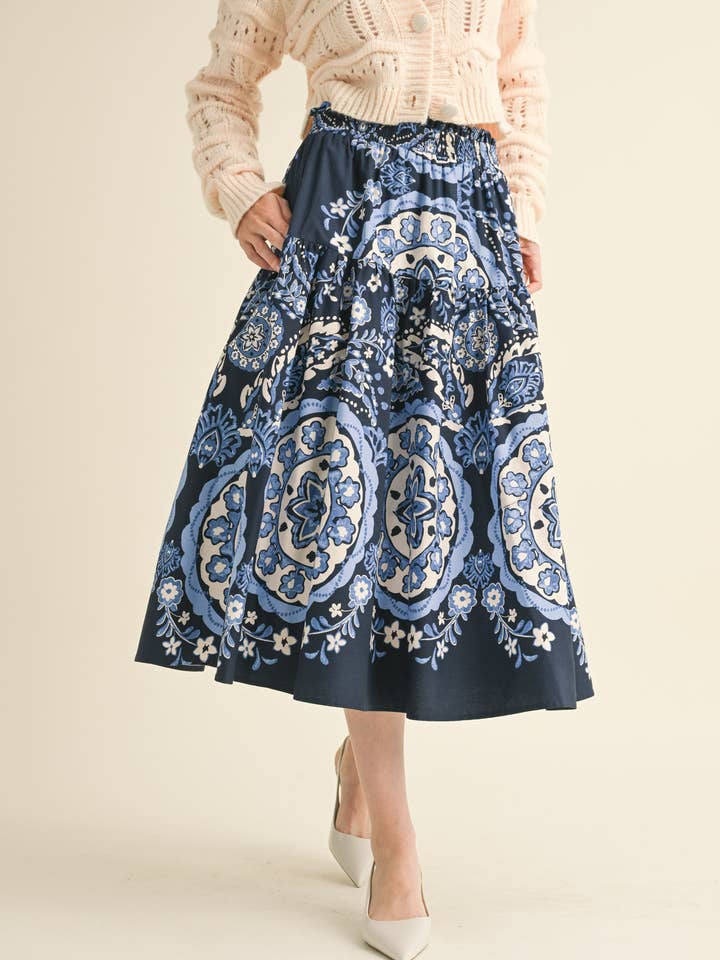 Navy Medallion High Rise Midi Skirt