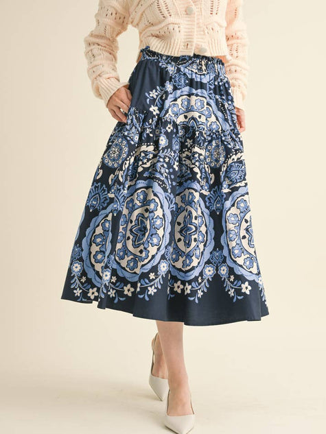 Navy Medallion High Rise Midi Skirt