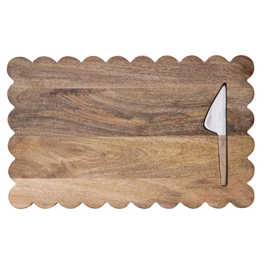 Scalloped Mango Wood Serving Board w Knife