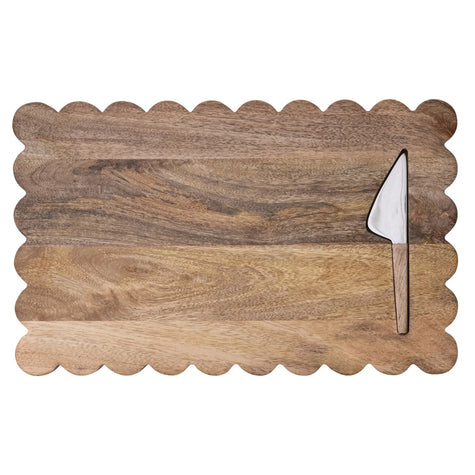 Scalloped Mango Wood Serving Board w Knife