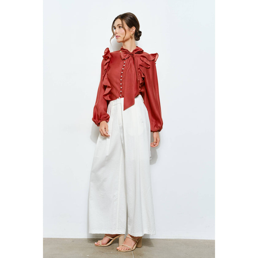 Soft Wool Blouse with Bow Tie & Pearl Buttons