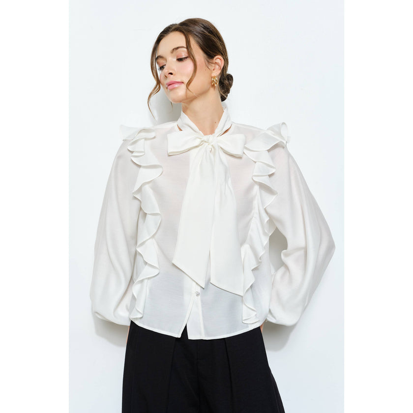 Soft Wool Blouse with Bow Tie & Pearl Buttons