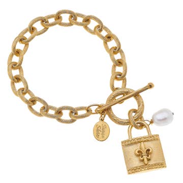 Gold Toggle Bracelet w/ Fleur De Lis Lock