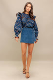 Navy Printed Ruffle Blouse