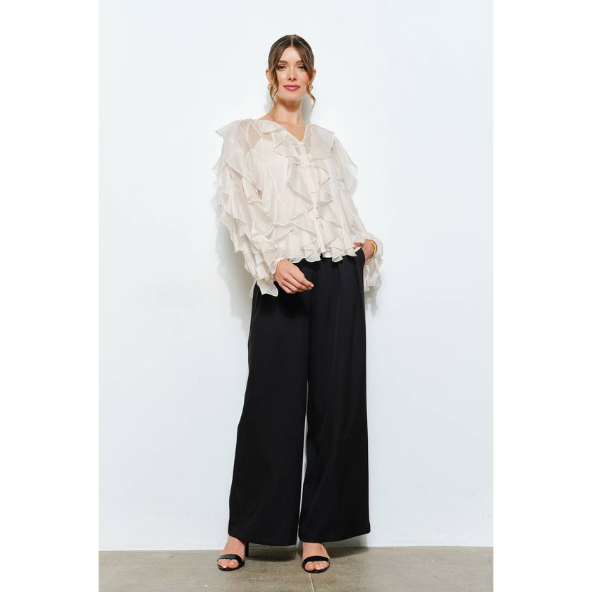 Layered Ruffle Sheer Chiffon Button-Up Blouse