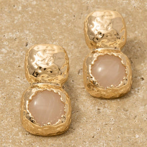 Hammered Square And Stone Stud Dangle Earrings