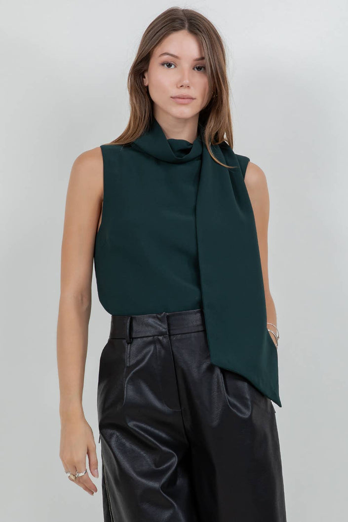 Soft Woven Sleeveless Blouse with Scarf