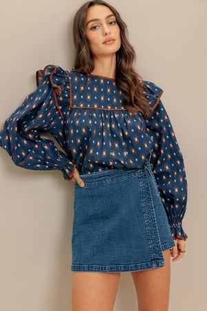 Navy Printed Ruffle Blouse