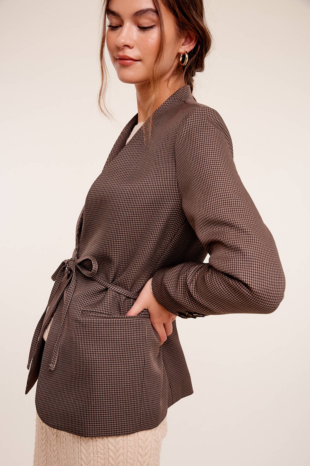 Belted Houndstooth Blazer