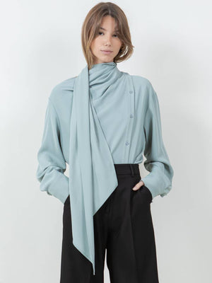 Button Down Wrap Scarf Blouse | Dusty Jade