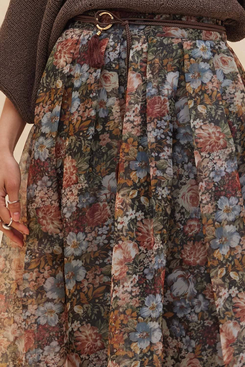Floral-Print Organza Pleated Midi Skirt