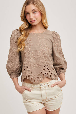 Lace Cutout Bottom Hem Bubble Sleeve Top