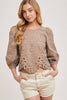 Lace Cutout Bottom Hem Bubble Sleeve Top