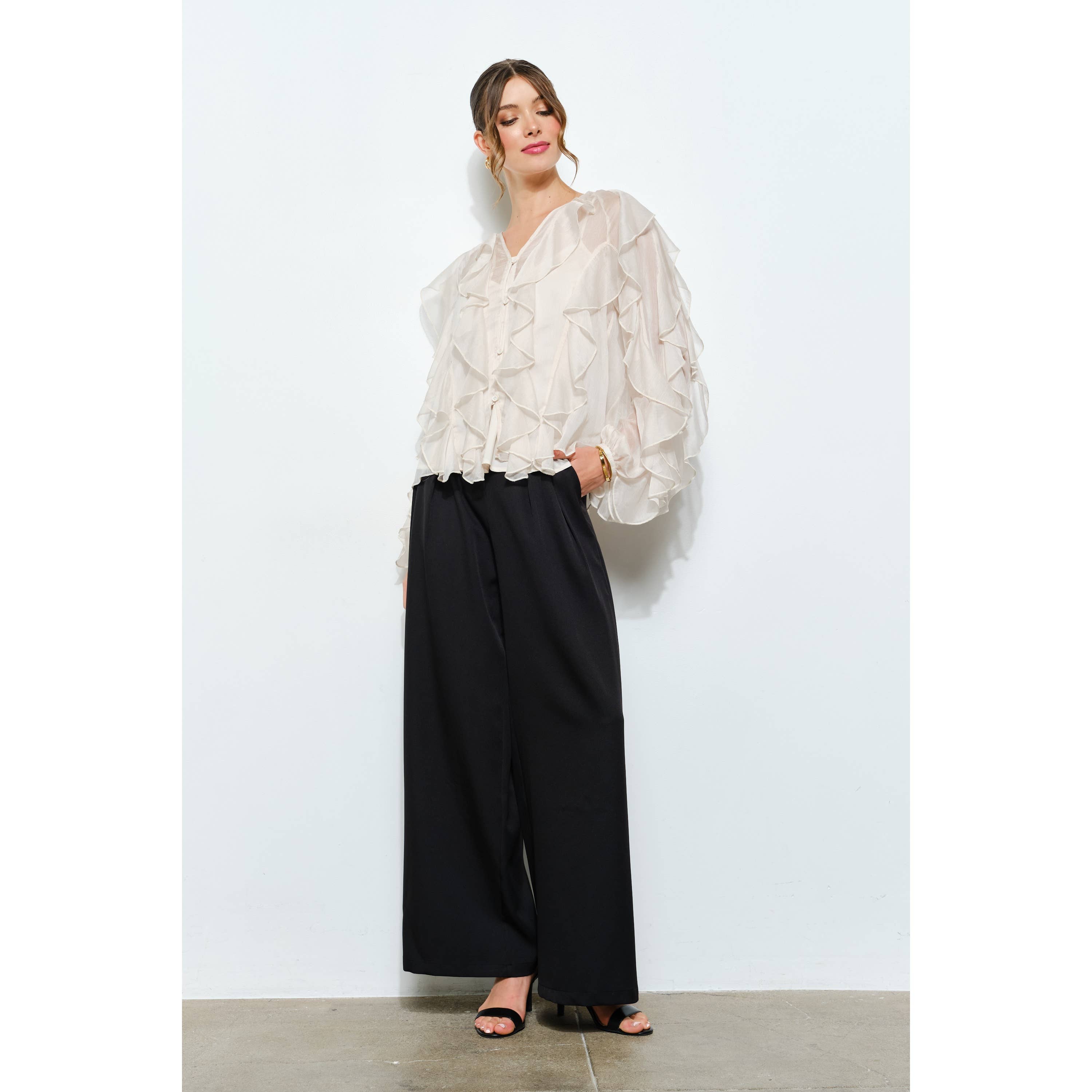 Layered Ruffle Sheer Chiffon Button-Up Blouse