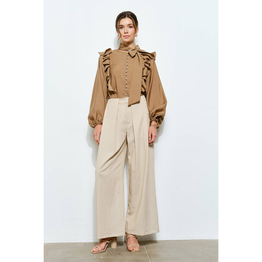 Soft Wool Blouse with Bow Tie & Pearl Buttons