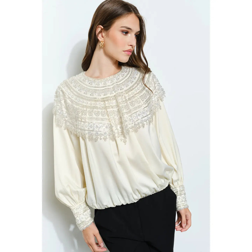 Beaded Sequin Embroidered Yoke Satin Top