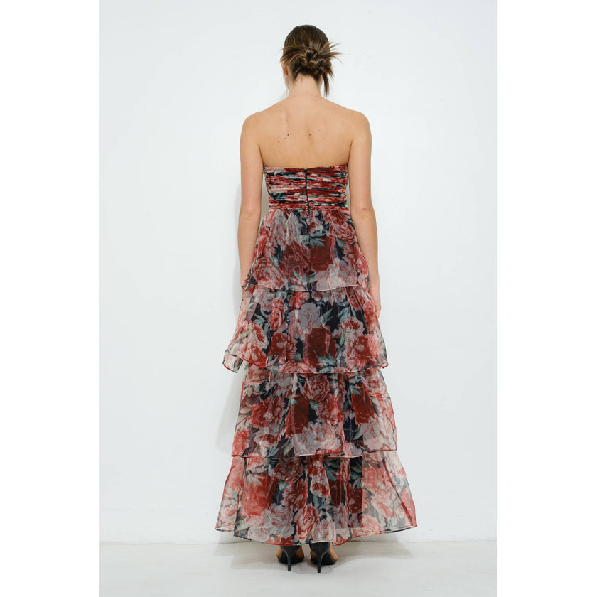 Floral-Tiered Strapless Maxi Dress