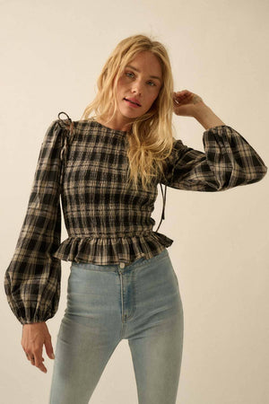 Plaid Flannel Smocked Balloon-Sleeve Cropped Top