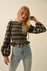 Plaid Flannel Smocked Balloon-Sleeve Cropped Top