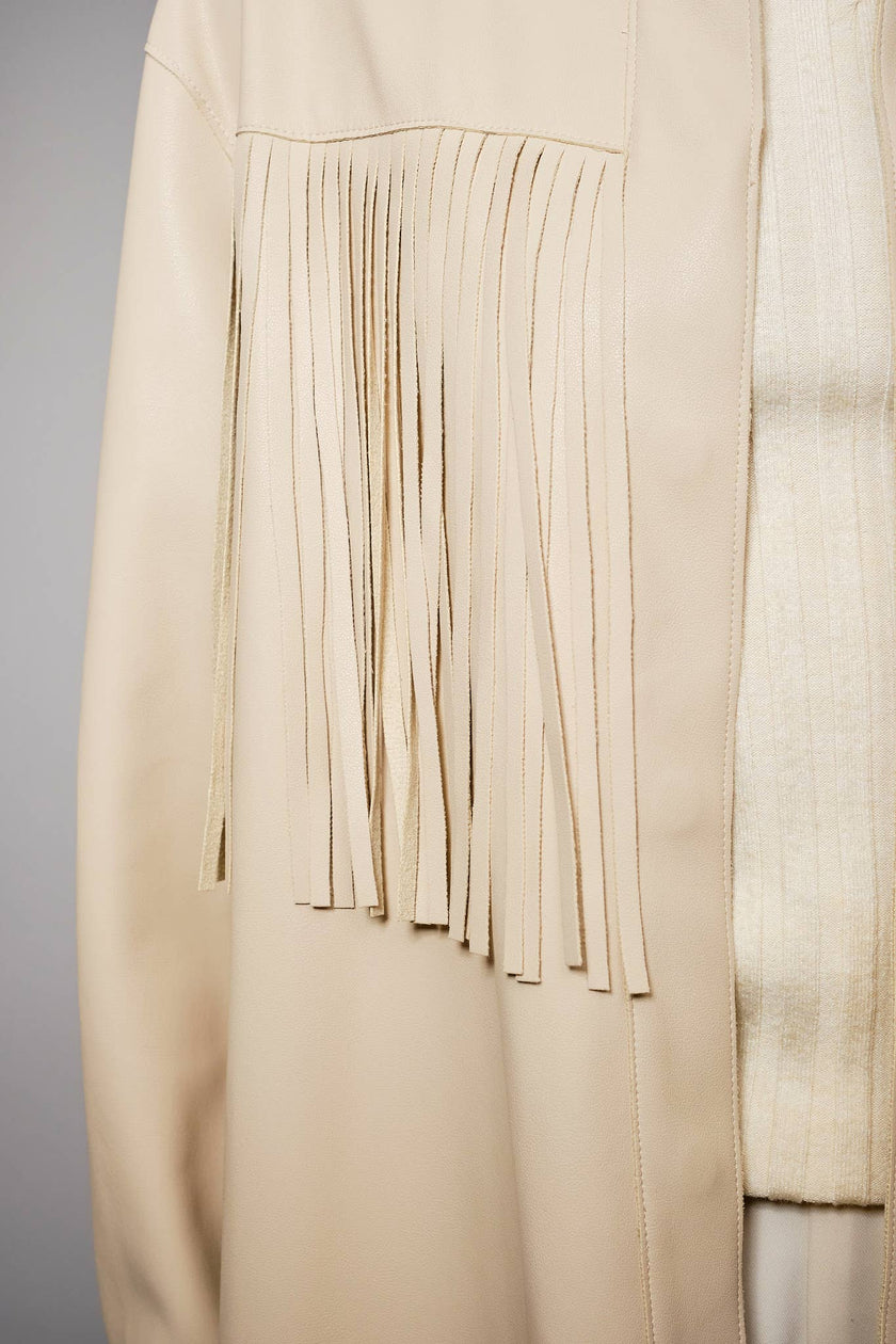 Fringe Trim Faux Leather Snap Jacket