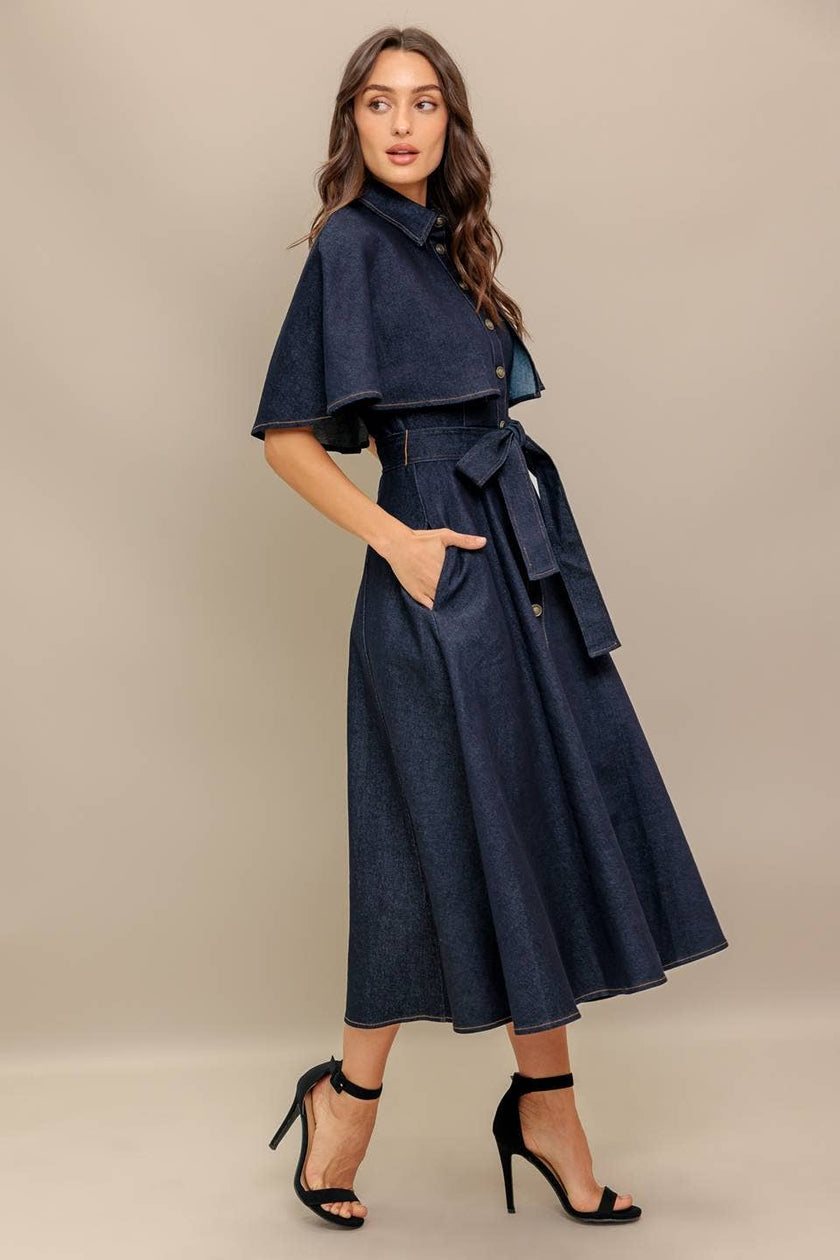 Denim Capelet Midi Dress