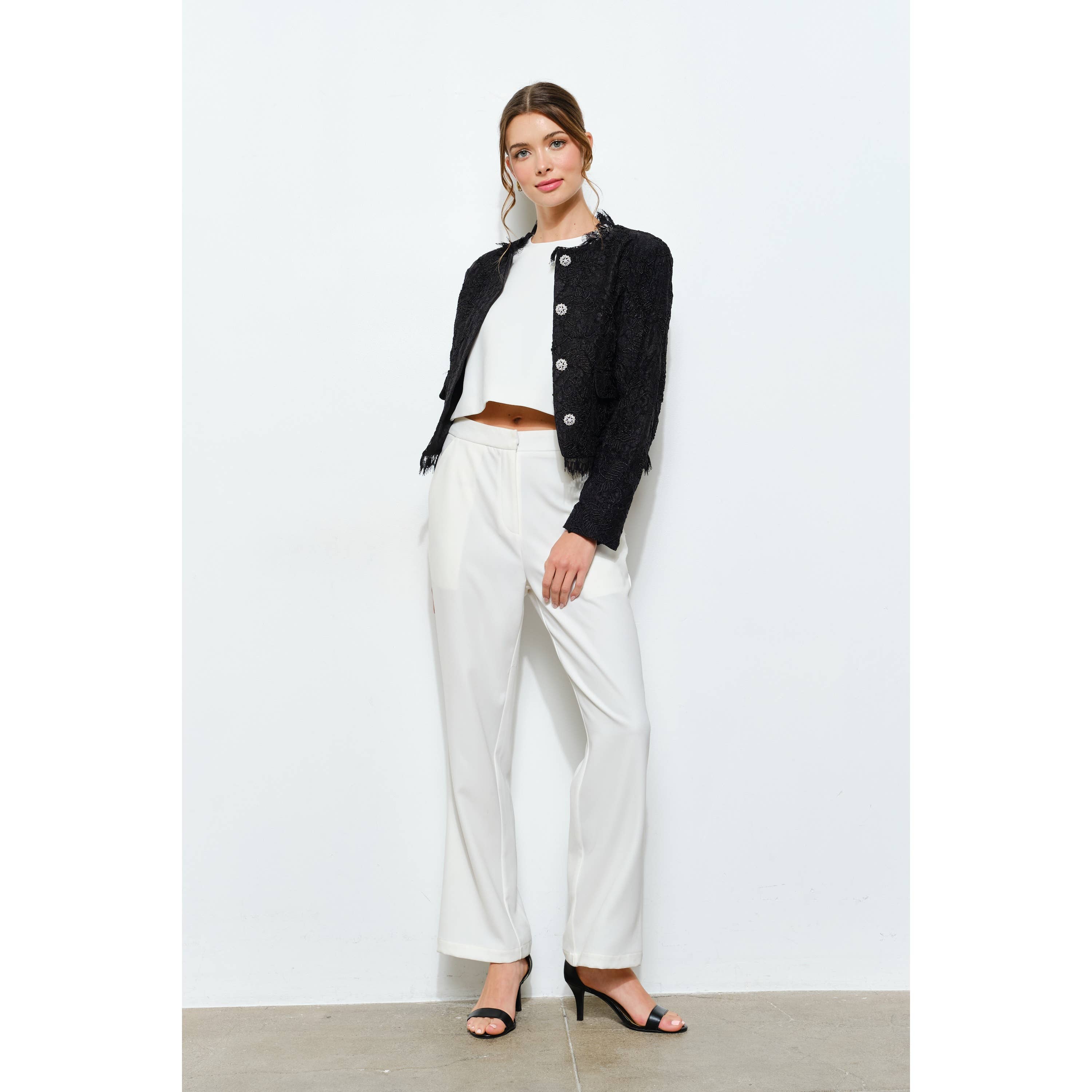 Lace Fringe Trim Pearl Button Cropped Jacket