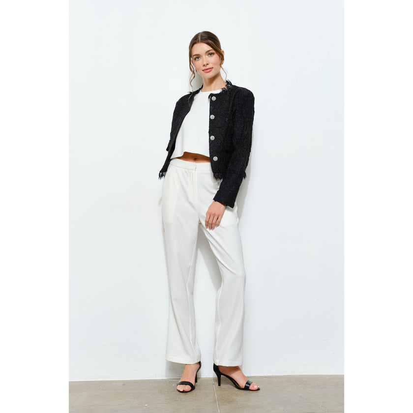 Lace Fringe Trim Pearl Button Cropped Jacket