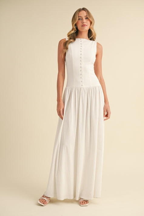White Stretchy Linen Button Down Plunge Back Midi Dress