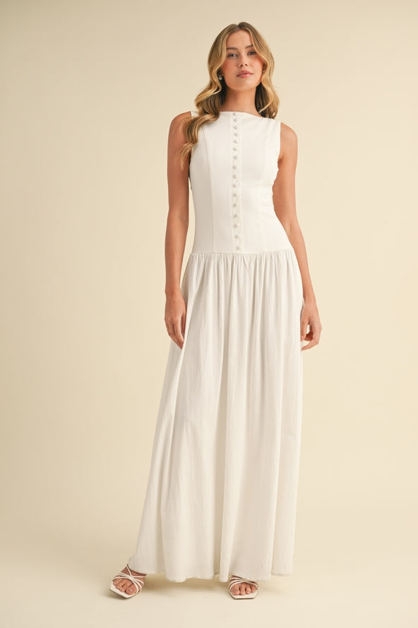 White Stretchy Linen Button Down Plunge Back Midi Dress