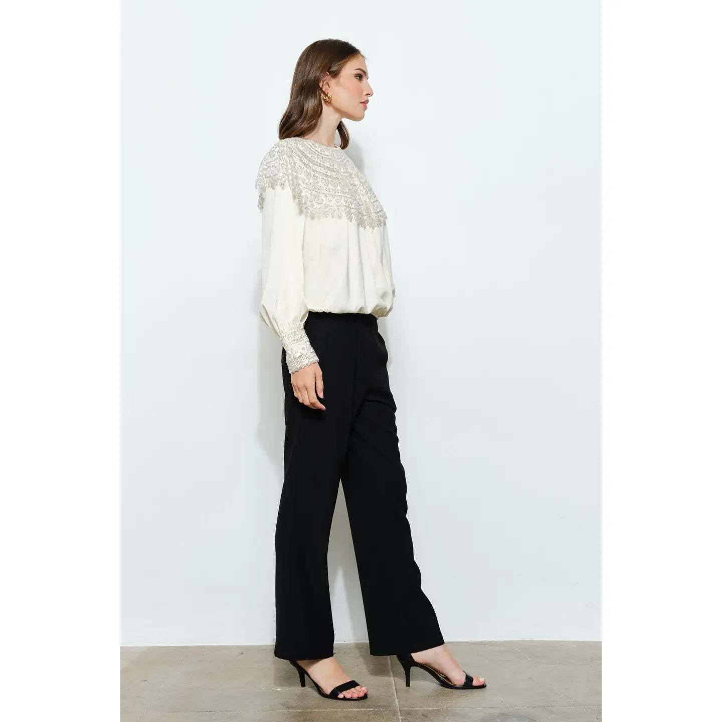 Beaded Sequin Embroidered Yoke Satin Top